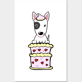 Bull terrier dog Jumping out of a cake Posters and Art